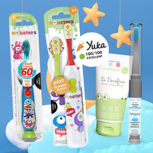 Charger l'image dans la galerie, Pack 3 brosses à dents et dentifrice : électrique rotative enfant 3+ ans, lumineuse LED, 2en1 adulte Néonov + dentifrice 0-5 ans sans nanoparticules