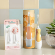 Charger l'image dans la galerie, Pack Éco Bébé Les Babygators Mandarine : Brosse à dents sonique + étui kraft + brossettes de rechange