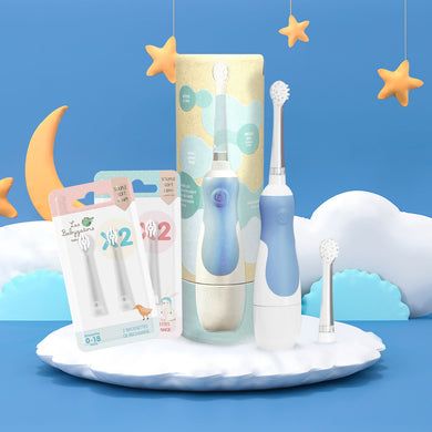 Pack KDO K Bébé Bleu ciel : Brosse à dents sonique à pile pour Bébé avec Étui de voyage en Kraft + 2 Packs de brossettes