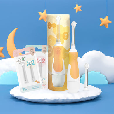 Pack KDO K Bébé Mandarine : Brosse à dents sonique à pile pour Bébé avec Étui de voyage en Kraft + 2 Packs de brossettes