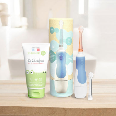 Brosse à dents sonique Bleu ciel pour Bébé (de 0 à 5 ans) avec Étui de voyage en Kraft et minuteur + Dentifrice bébé 0-5 ans sans nanoparticule
