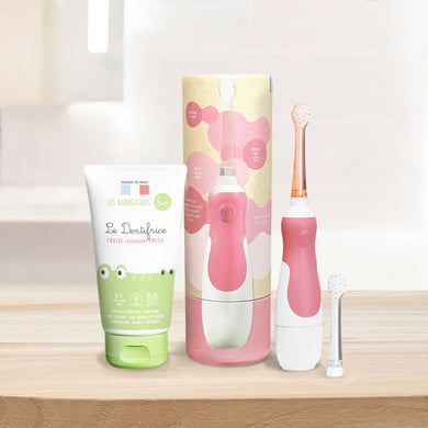 Brosse à dents sonique Framboise pour Bébé (de 0 à 5 ans) avec Étui de voyage en Kraft et minuteur + Dentifrice bébé 0-5 ans sans nanoparticule