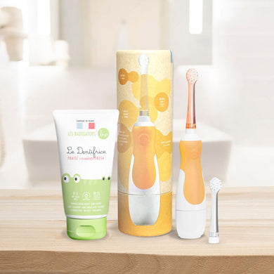 Brosse à dents sonique Mandarine pour Bébé (de 0 à 5 ans) avec Étui de voyage en Kraft et minuteur + Dentifrice bébé 0-5 ans sans nanoparticule