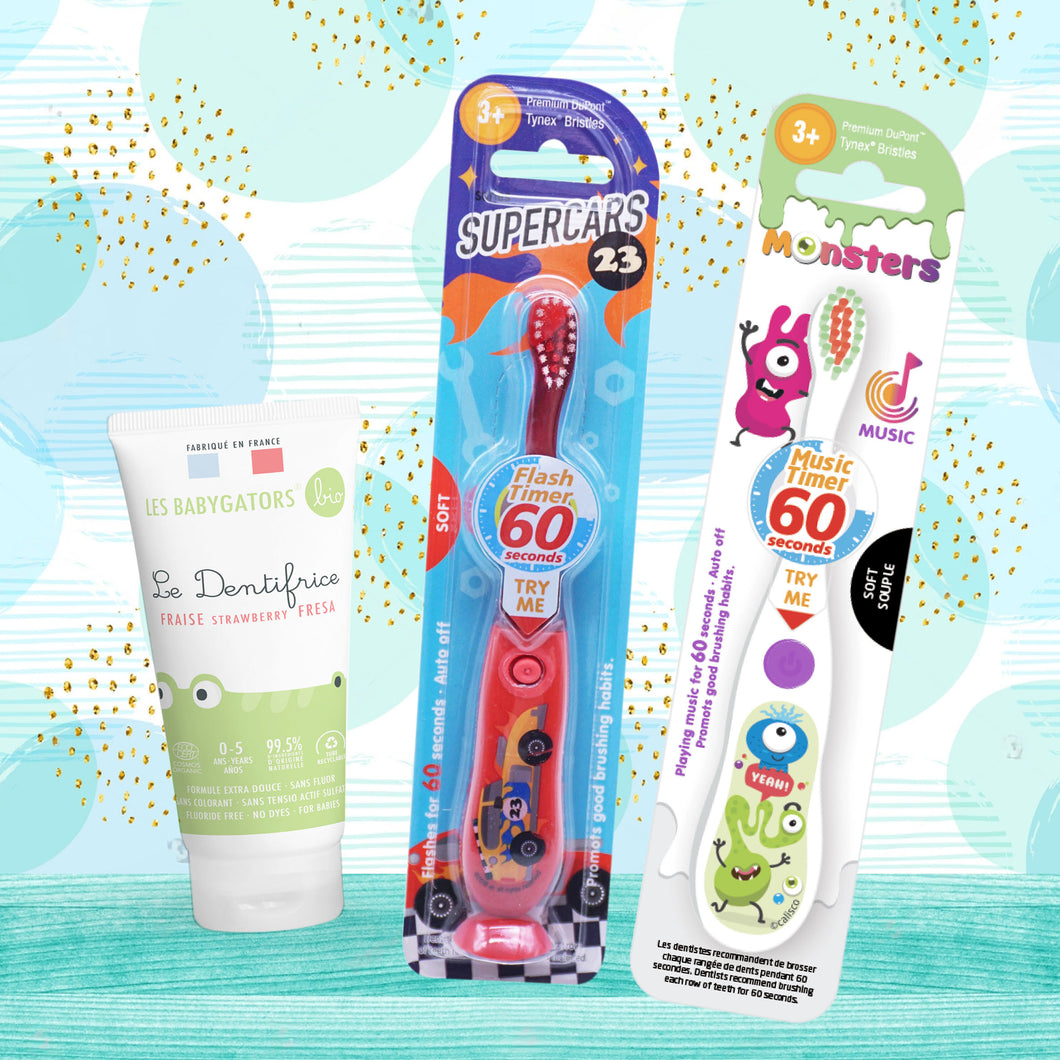 Pack Brosse à dents musicale + Brosse à dents lumineuse SuperCars + Dentifrice 0-5 ans sans nanoparticule