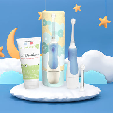 Brosse à dents sonique Bleu ciel pour Bébé (de 0 à 5 ans) avec Étui de voyage en Kraft et minuteur + Dentifrice bébé 0-5 ans sans nanoparticule