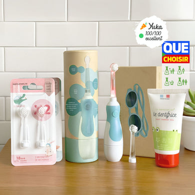 Pack Kdo Bleu ciel Les P'tis Monstres : Brosse sonique bébé + étui kraft + 2 packs brossettes + lunettes 6-36m 100% UV + dentifrice 0-5 ans sans nanoparticules