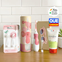 Charger l&#39;image dans la galerie, Pack Framboise Les P&#39;tis Monstres : Brosse sonique bébé + étui kraft + brossettes + lunettes 6-36m 100% UV + dentifrice bio sans nano