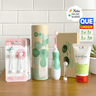 Pack Kdo Sauge Les P'tis Monstres : Brosse sonique bébé + étui kraft + 2 packs brossettes + lunettes 6-36m 100% UV + dentifrice 0-5 ans sans nanoparticules
