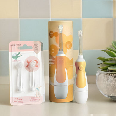 Pack Éco Bébé Les Babygators Mandarine : Brosse à dents sonique + étui kraft + brossettes de rechange