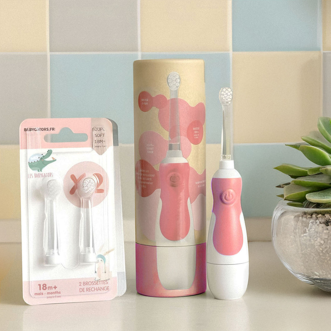 Pack Éco Bébé Les Babygators Framboise : Brosse à dents sonique + étui kraft + brossettes de rechange