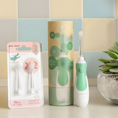 Pack Éco Bébé Les Babygators Sauge : Brosse à dents sonique + étui kraft + brossettes de rechange