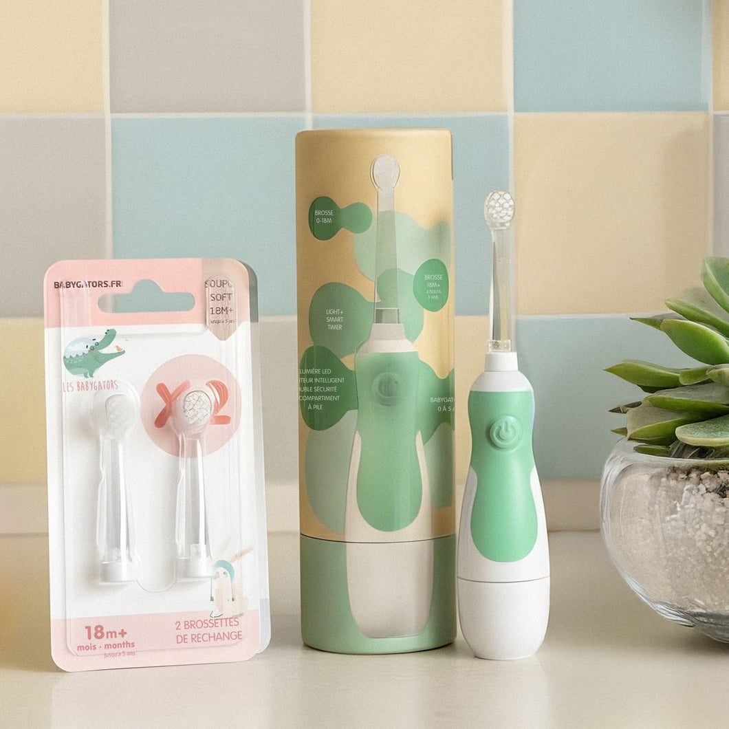 Pack Éco Bébé Les Babygators Sauge : Brosse à dents sonique + étui kraft + brossettes de rechange