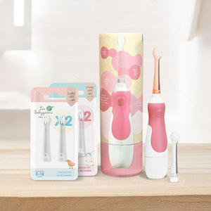 KDO K Baby Raspberry Pack: Batteriebetriebene Schallzahnbürste für Babys mit Kraft-Reiseetui + 2 Packungen Bürstenköpfe