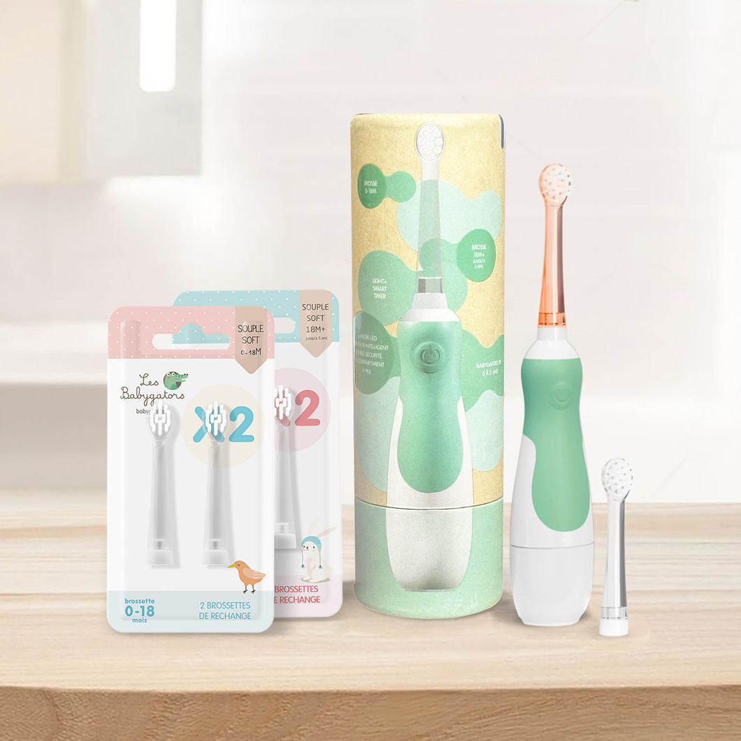 KDO K Baby Sage Pack: Batteriebetriebene Schallzahnbürste für Babys mit Kraft-Reiseetui + 2 Packungen Bürstenköpfe