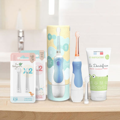 KDO K Sky Blue Baby Pack: Batteriebetriebene Schallzahnbürste für Babys mit Kraft-Reiseetui + 2 Packungen Bürstenköpfe + Babyzahnpasta 0-5 Jahre ohne Nanopartikel