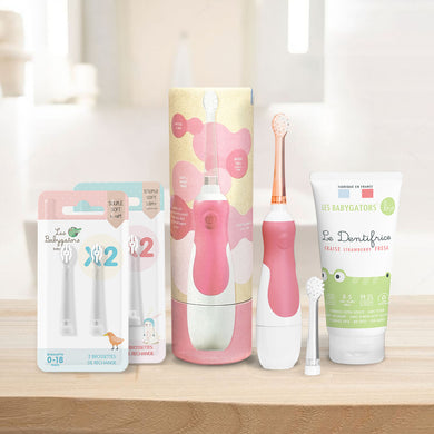 KDO K Raspberry Baby Pack: Batteriebetriebene Schallzahnbürste für Babys mit Kraft-Reiseetui + 2 Packungen Bürstenköpfe + Babyzahnpasta 0-5 Jahre ohne Nanopartikel