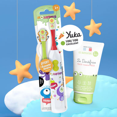 Pack Brosse à dents électrique rotative 3 ans et plus avec 2 brossettes Rouge martien + Dentifrice bébé 0-5 ans sans nanoparticule