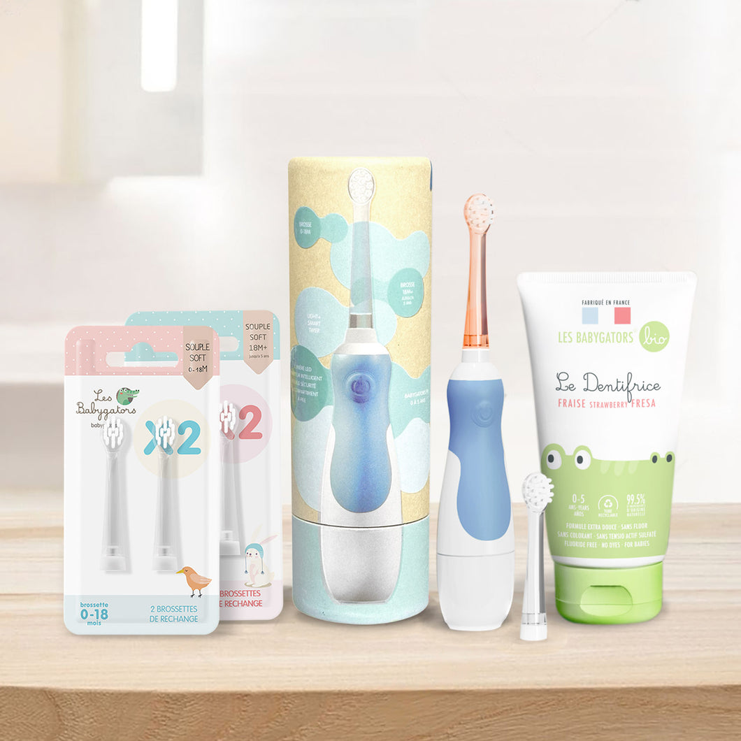 Pack KDO K Bleu ciel Bébé : Brosse à dents sonique à pile pour Bébé avec Étui de voyage en Kraft + 2 Pack de brossettes + Dentifrice bébé 0-5 ans sans nanoparticule