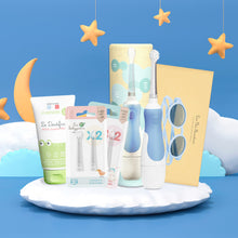 Charger l&#39;image dans la galerie, Pack Kdo Bleu ciel Les P&#39;tis Monstres : Brosse sonique bébé + étui kraft + 2 packs brossettes + lunettes 6-36m 100% UV + dentifrice 0-5 ans sans nanoparticules
