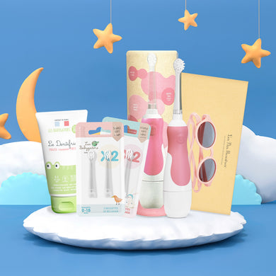 Pack Kdo Framboise Les P'tis Monstres : Brosse sonique bébé + étui kraft + 2 packs brossettes + lunettes 6-36m 100% UV + dentifrice 0-5 ans sans nanoparticules