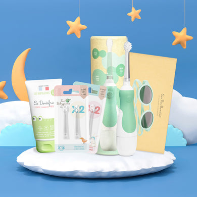 Pack Kdo Sauge Les P'tis Monstres : Brosse sonique bébé + étui kraft + 2 packs brossettes + lunettes 6-36m 100% UV + dentifrice 0-5 ans sans nanoparticules