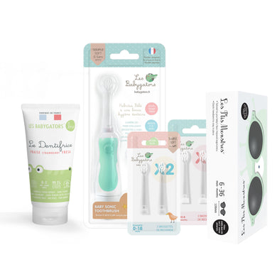 Batteriebetriebene Schallzahnbürstenpackung für Baby Sage + 1 Packung mit 2 Bürsten 0-18 Monate + 1 Packung mit 2 Bürsten über 18 Monate + Sonnenbrille 6-36 Monate, 100 % UV-Schutz + Babyzahnpasta 0-5 Jahre ohne Nanopartikel